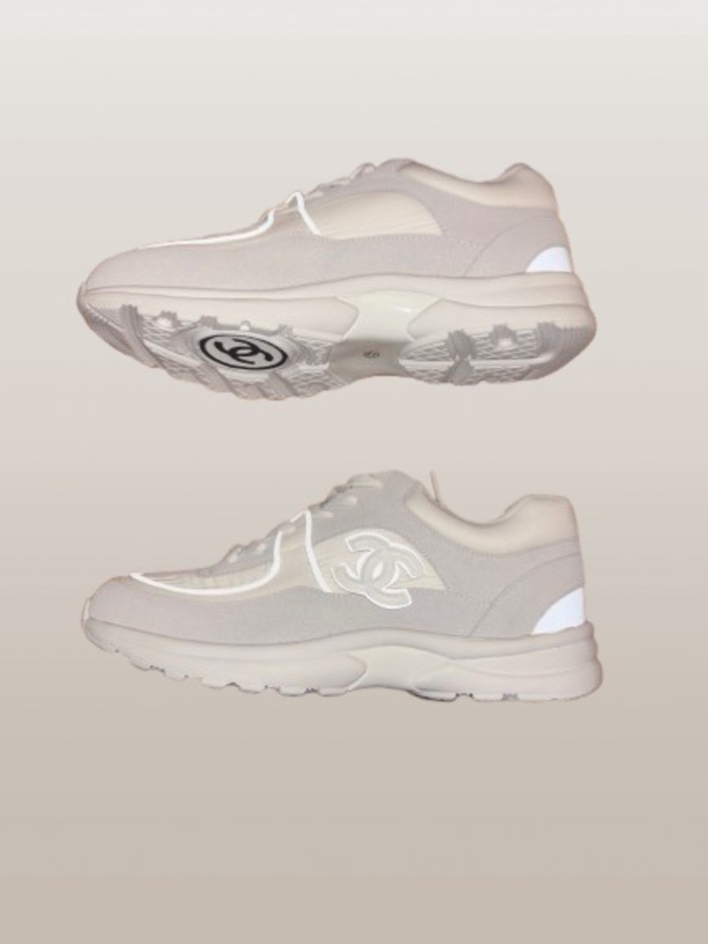 CHANEL Off-White and Light Gray Low-Top Sneakers - Picture 2 of 6